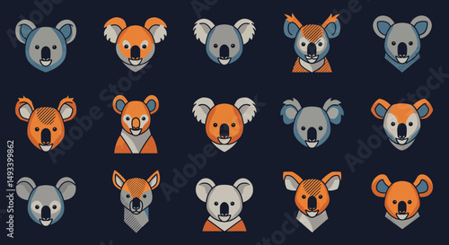 Fifteen Stylized Koala Portraits with Varied Colors and Expressions