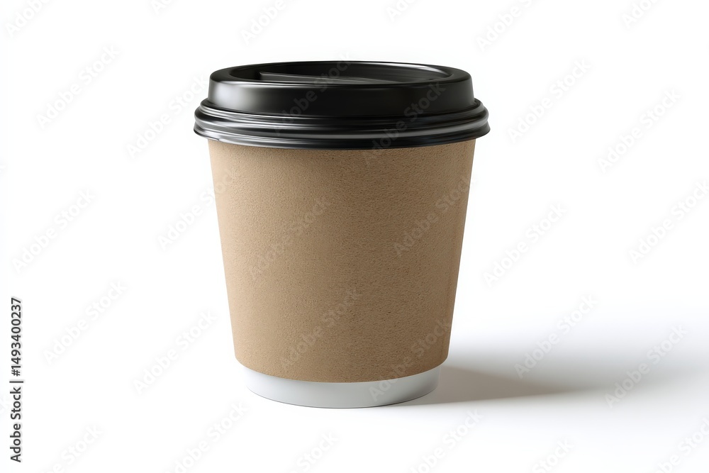 A simple kraft paper coffee cup with a black lid sits on a white background. A simple kraft paper coffee cup with a black lid sits on a white background.