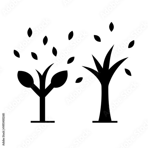 two trees with leaves falling silhouette on transparent background for web and graphic design