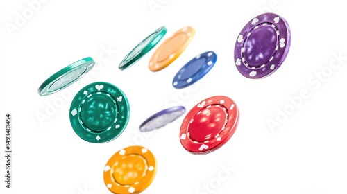 Colorful poker chips isolated on white background for casino games