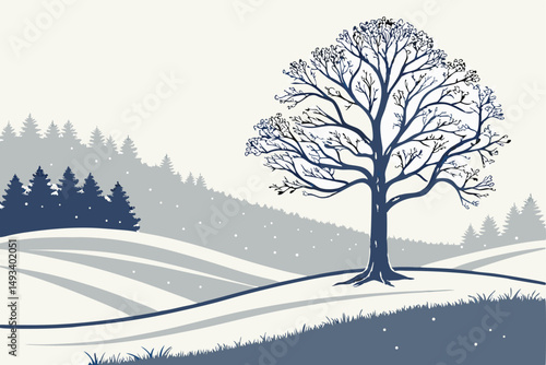  snowy winter landscape, lone tree on top of a hill, minimal color palette, muted tones, serene, tranquil, calming, peaceful, evocative, atmospheric