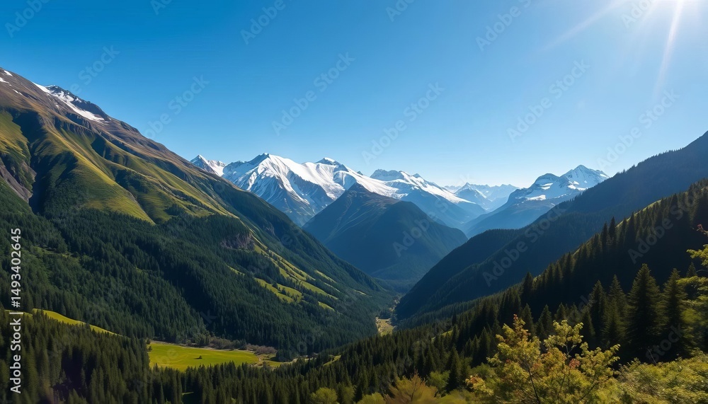 Fototapeta premium Vibrant green valley, snow-capped mountains, sunny blue sky, lush forest, beautiful, green