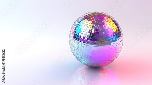 Shiny disco ball reflecting colorful lights on white background