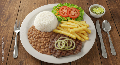 Prato Feito Brasileiro com Arroz, Feijão, Bife, Batata Frita, Couve e Salada