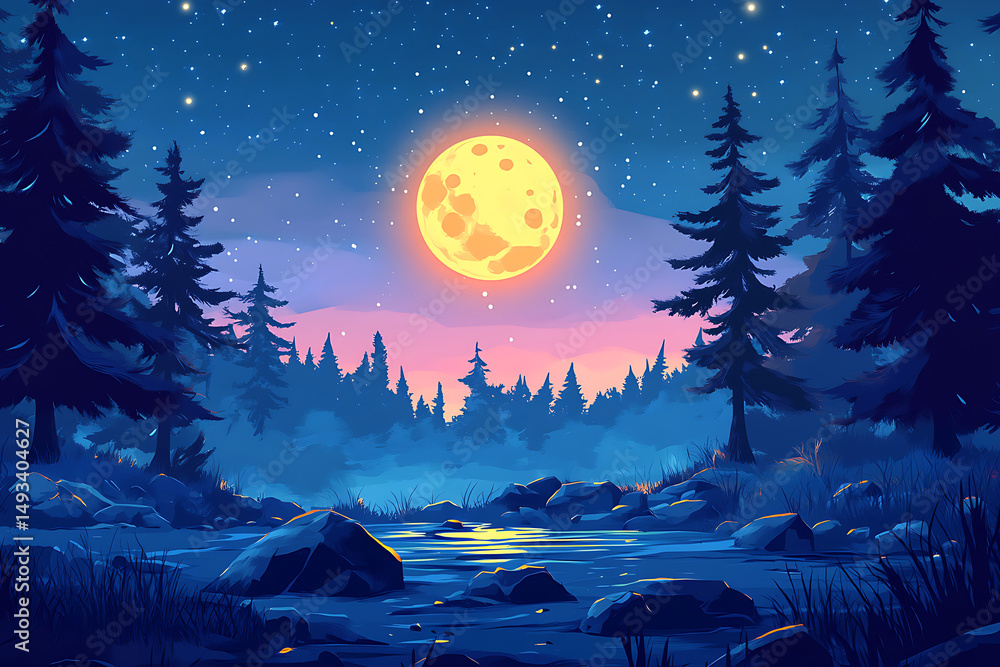 Fototapeta premium Serene moonlit landscape with a glowing full moon above a tranquil river and silhouetted trees