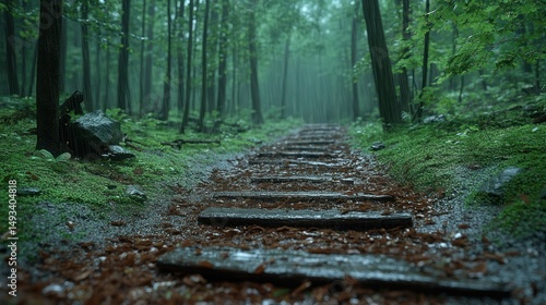 Misty forest path with wooden steps