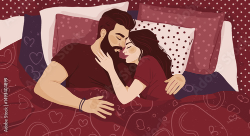 Couple embracing in bed surrounded by red bedding and pillows, for bedroom products, relationship blogs, cards, gift certificates, event marketing 