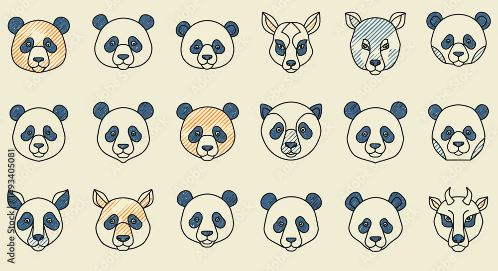 Stylized Animal Heads Pattern Panda Bears Deer and Goat with Blue Accents Stylized Animal Heads Pattern Panda Bears Deer and Goat with Blue Accents