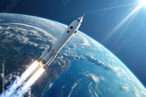 An artist's rendering of a rocket launching into space