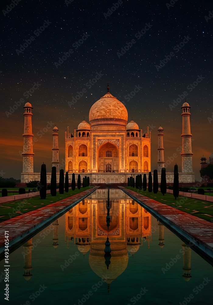 Obraz premium Taj Mahal illuminated with tricolor lights at night for Independence Day celebration