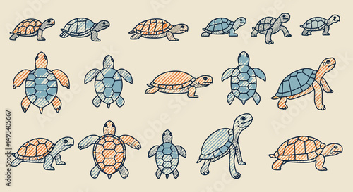 Whimsical HandDrawn Turtles in Various Poses and Colors Patterned Design