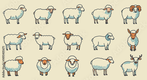 Cartoon Sheep and Ram Variety with Horns and Antlers Illustration