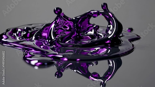 Vibrant purple liquid splashing against gray backdrop, forming intricate crown-like fluid dynamic pattern with mesmerizing surface tension and visual elegance
