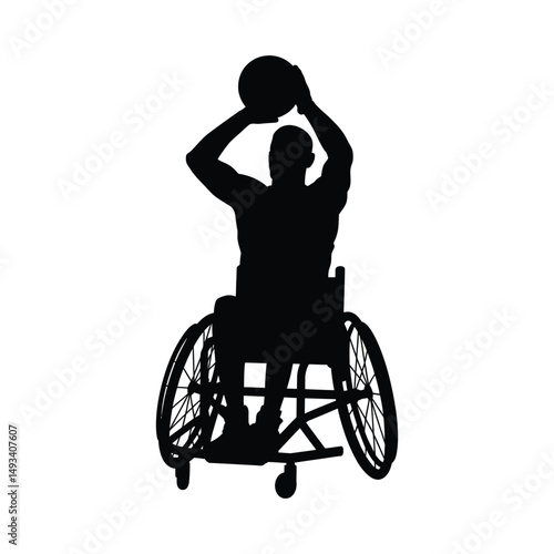 Silhouette of a wheelchair basketball player shooting a basketball with athletic determination