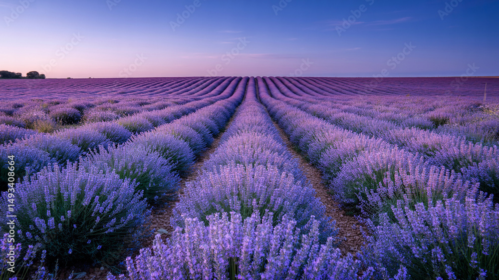 Obraz premium Beautiful lavender field in provence france under a clear sky at sunset or sunrise