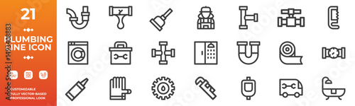 Set of 21 outline icons related to plumbing, heating, ventilation, construction, renovation. Linear icon collection. VEctor illustration