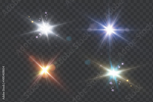 Set of multicolored glowing glares with radial light and bokeh reflections on transparent PNG background. Vector for magic effects, UI highlights, visual effects overlays.