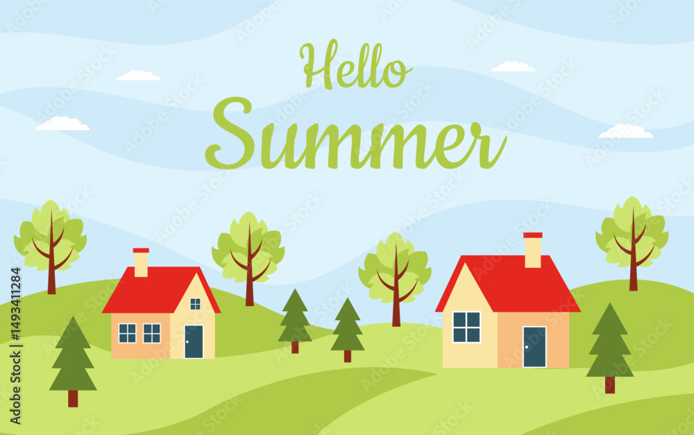 Fototapeta premium Summer landscape. Summer scenery with village. Background with summer season.
