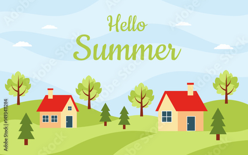 Summer landscape. Summer scenery with village. Background with summer season.