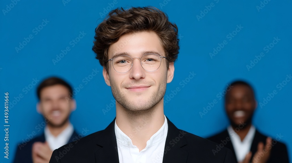 A confident young professional stands against a bright blue background. He wears stylish glasses and a dark blazer. This image conveys success and modernity. Perfect for business themes. AI A confident young professional stands against a bright blue background. He wears stylish glasses and a dark blazer. This image conveys success and modernity. Perfect for business themes. AI