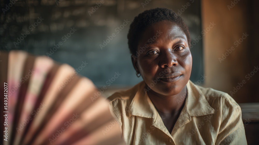 Portrait of a Smiling Teacher in a Pale Yellow Collared Shirt Holding a Fan in Classroom Setting Portrait of a Smiling Teacher in a Pale Yellow Collared Shirt Holding a Fan in Classroom Setting
