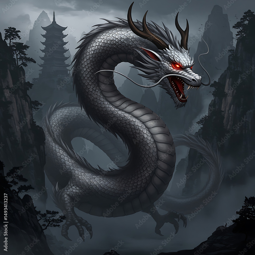 Obraz premium Powerful angry Japanese dragon art for printing and decoration and other crate. objects, valley, concept, concept strong, long, tail, long tail, novel, snake, black, castle, hill, palivion, strong . 