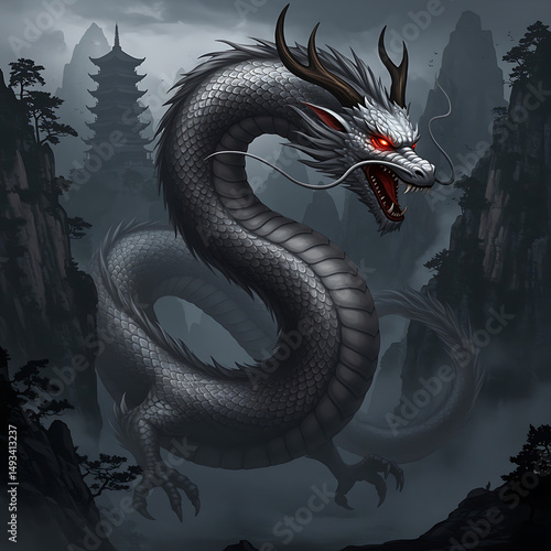 Powerful angry Japanese dragon art for printing and decoration and other crate. objects, valley, concept, concept strong, long, tail, long tail, novel, snake, black, castle, hill, palivion, strong  .	