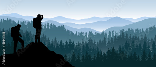 Beautiful vector realistic panoramic landscape with silhouettes of blue forested mountains and two hikers looking at view. 