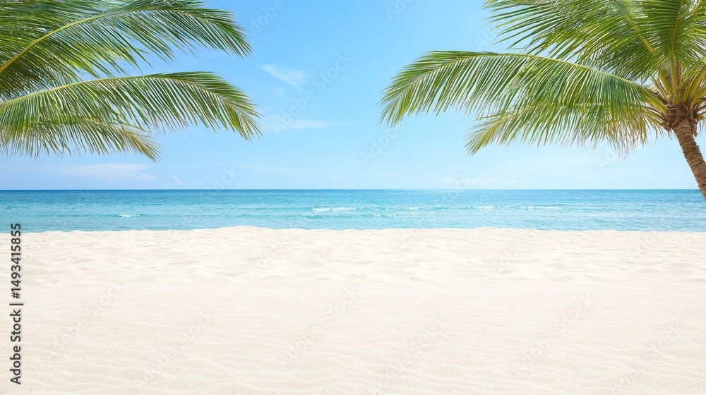 Obraz premium Tranquil Beach Scene with Palm Trees and Clear Blue Sky Over Crystal Clear Ocean Water