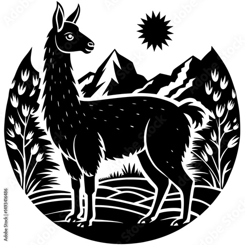 Black and White Llama in Andean Mountain Landscape Illustration