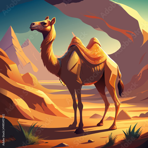 Majestic Camel in Desert Landscape at Sunset with Pyramids