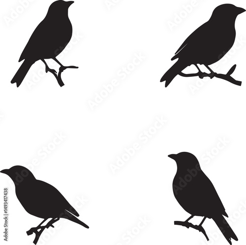 This artwork is digitally enhanced using AI and manually edited for quality. A set of four bird silhouettes perched on tree branches.