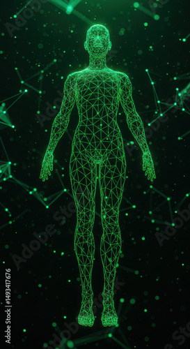 Green Cyberpunk Human: Digital Body Scan, Artificial Intelligence, Virtual Reality Concept Art. Futuristic Tech & Sci-Fi Design.