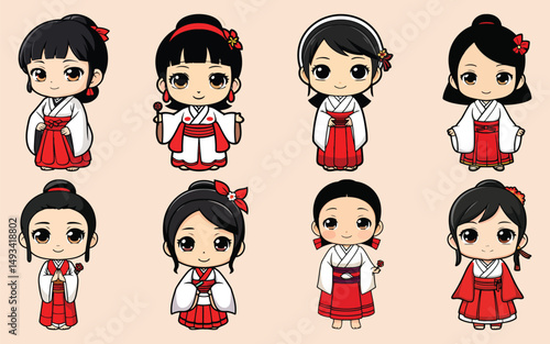 chibi characters bundle miko shrine maiden and japanese priestess figures set