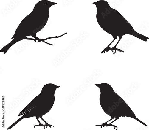 This artwork is digitally enhanced using AI and manually edited for quality. A set of four bird silhouettes perched on tree branches.
