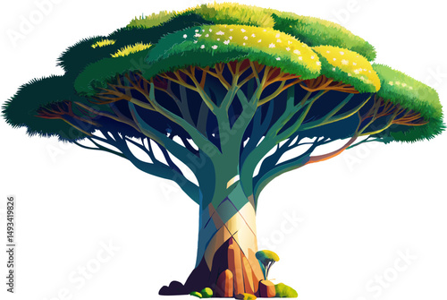 A watercolor image of a Queensland Bottle Tree (Brachychiton australis), featuring a swollen trunk and sparse green foliage,  isolated on a white background.