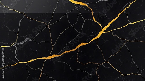 Close up of glossy black marble with intricate golden veining, ideal for luxury branding, interior design, and elegant visual storytelling. photo