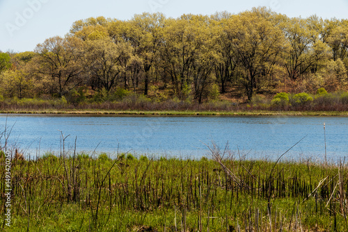 Looking over Ennis (Fountain) Lake to the east, with the hillside of oak trees, and area that was John Muir's boyhood home now the John Muir Memorial Park near Montello, Wisconsin