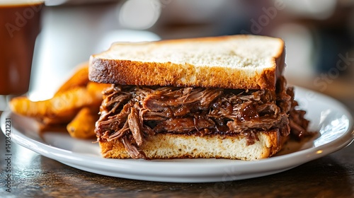 Delicious pulled beef sandwich with fries on plate gourmet food photography and tasty lunch meal close up view