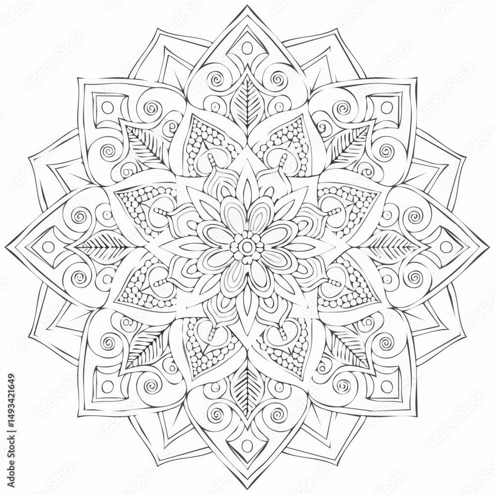 Fototapeta premium Highly detailed floral and geometric mandala vector illustration in black and white with symmetrical spiral and petal patterns for adult coloring books and mindfulness designs