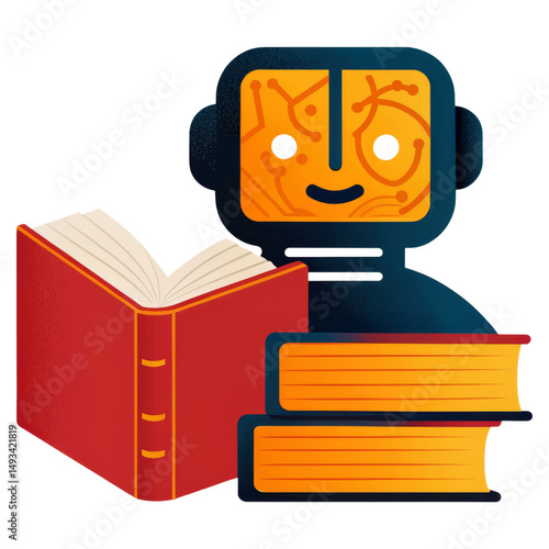 A friendly robot with a circuit-patterned face sits beside two stacked books and an open book.