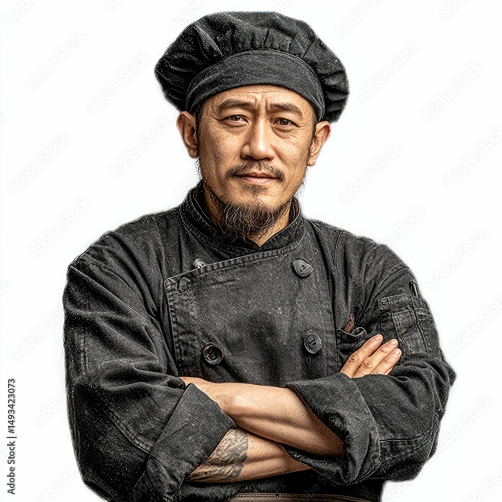 Skillful asian chef portrait confident culinary art close-up on white background Skillful asian chef portrait confident culinary art close-up on white background