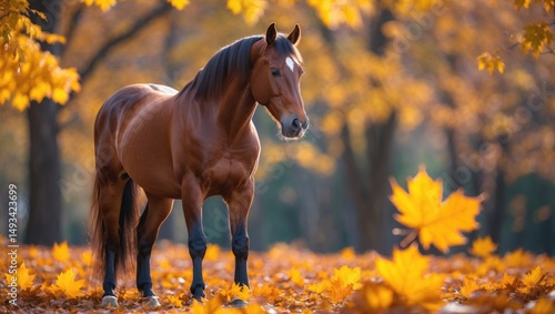 A brown horse located in front of yellow and green autumn leaves