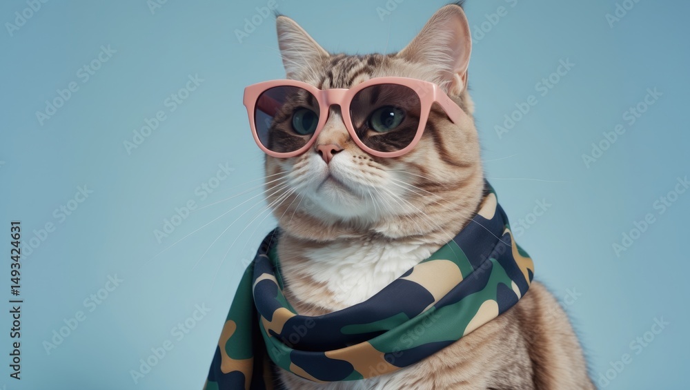 Fototapeta premium A cat sporting a headband and colorful eyewear in front of a blue background. Diva feline, fashionable companion. Summer cat. Area for text.