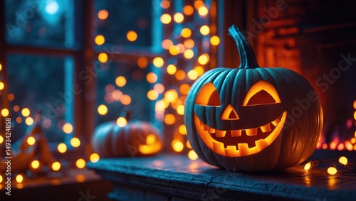 Wallpaper Mural A happy Jack O Lantern grinning on a fireplace with twinkling fairy lights behind Torontodigital.ca