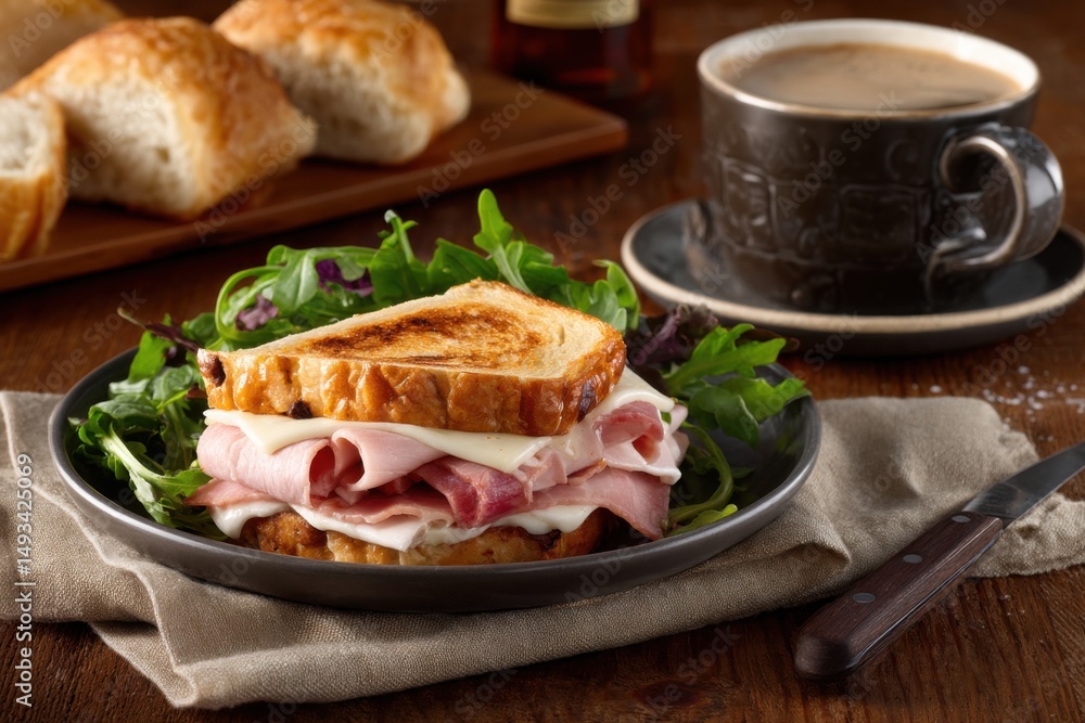 Grilled Ham and Cheese Sandwich with Salad and Coffee on Rustic Wooden Table Still Life Grilled Ham and Cheese Sandwich with Salad and Coffee on Rustic Wooden Table Still Life