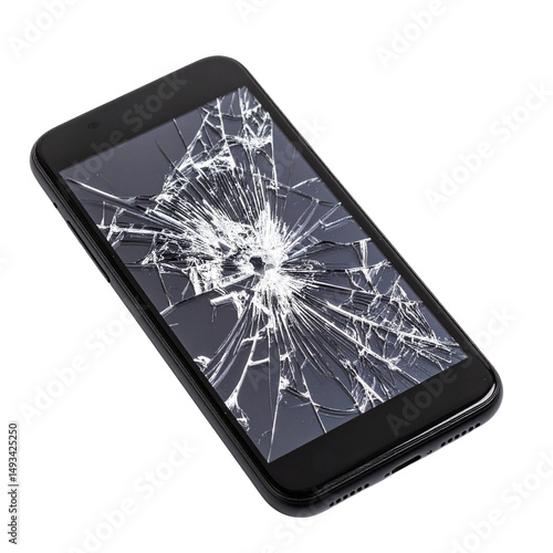 A smartphone with a severely cracked screen.