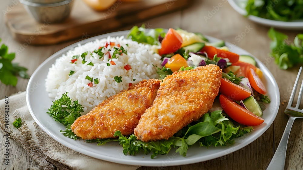 Delicious fried fish fillet recipe with rice and fresh salad on plate for healthy lunch idea concept Delicious fried fish fillet recipe with rice and fresh salad on plate for healthy lunch idea concept
