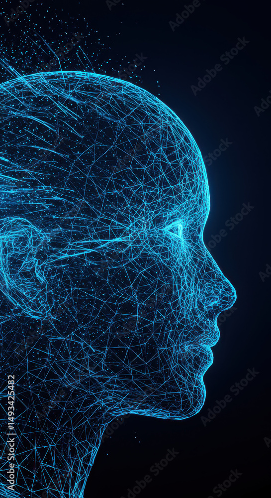 Obraz premium AI Face: Futuristic Technology, Data Mesh, and Digital Intelligence in Cyberpunk Style - Tech Art Illustration