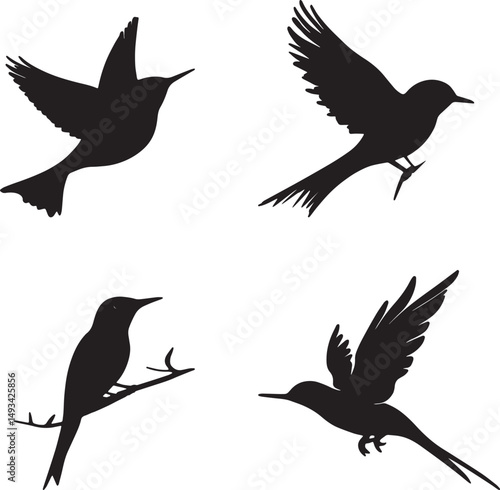 This artwork is digitally enhanced using AI and manually edited for quality. The image shows four black bird silhouettes in various flying poses.